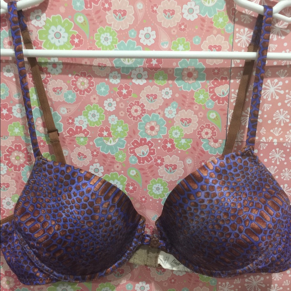 Brown and sapphire blue patterned bra
